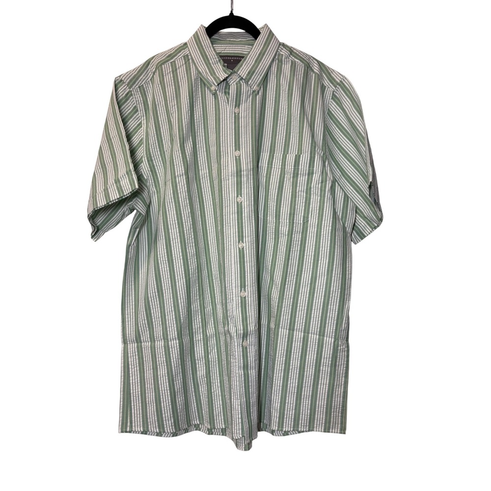Saddlebred NWT Mens Green White Seersucker Striped Short Sleeve Button‎ Down - L
